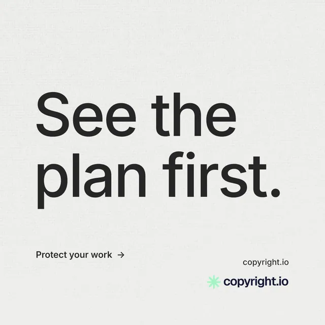 Instagram post for copyright.io: "See the plan first." Minimal luxury style, poster layout, light palette in white, grey.