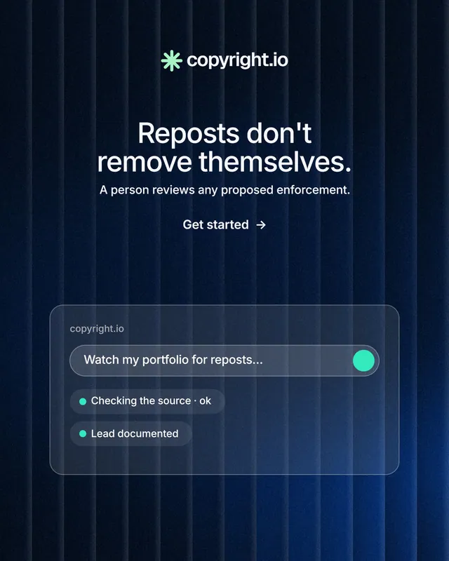 Instagram portrait post for copyright.io: "Reposts don't remove themselves." Minimal luxury style, centred layout, dark palette in black, blue.