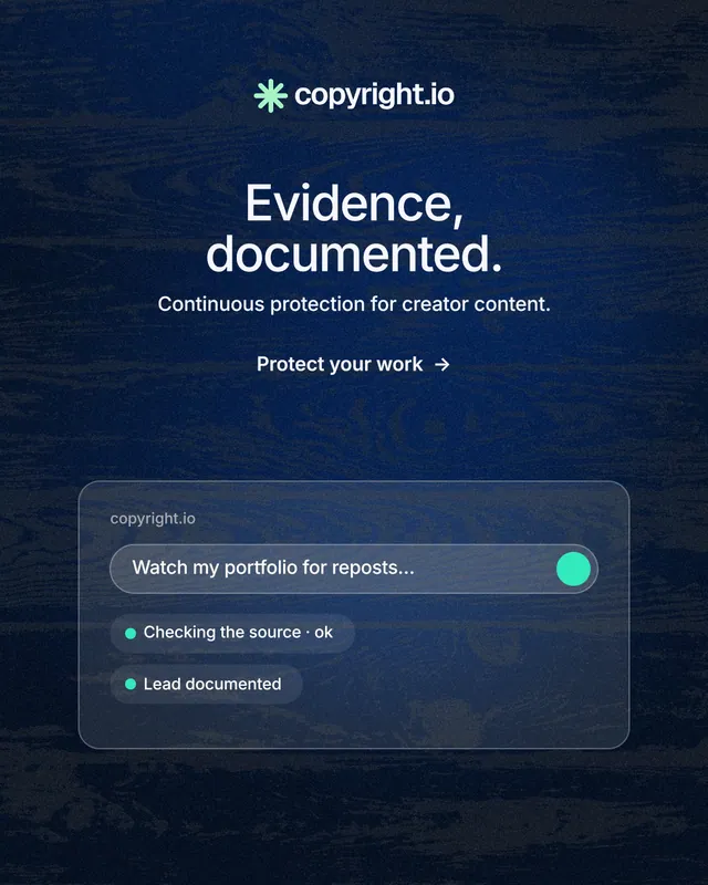 Instagram portrait post for copyright.io: "Evidence, documented." Minimal luxury style, centred layout, dark palette in blue, black.