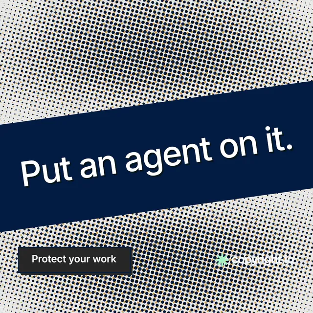Instagram post for copyright.io: "Put an agent on it." Brutalist style, diagonal layout, light palette in grey, blue.
