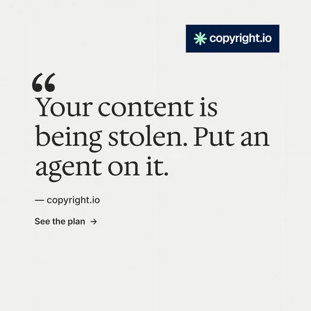 Instagram post for copyright.io: "Evidence, documented." Minimal luxury style, quote layout, light palette in white, grey.