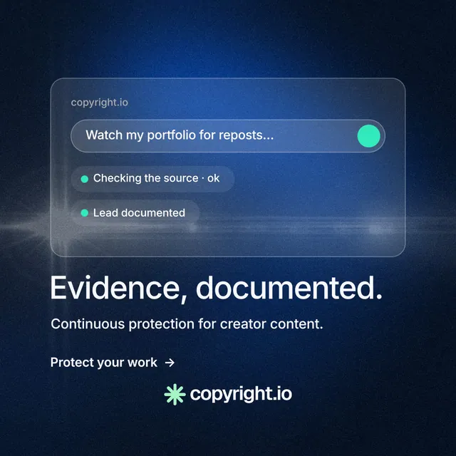 Instagram post for copyright.io: "Evidence, documented." Minimal luxury style, bottom layout, dark palette in blue, black.