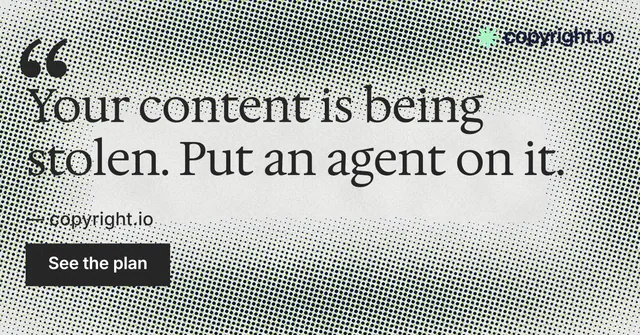 Social ad for copyright.io: "Evidence, documented." Swiss style, quote layout, light palette in grey, white.