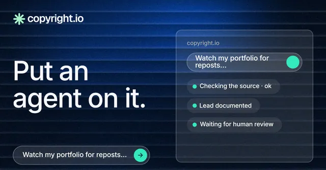 Social ad for copyright.io: "Put an agent on it." Agentic glass style, bottom layout, dark palette in black, blue, grey.