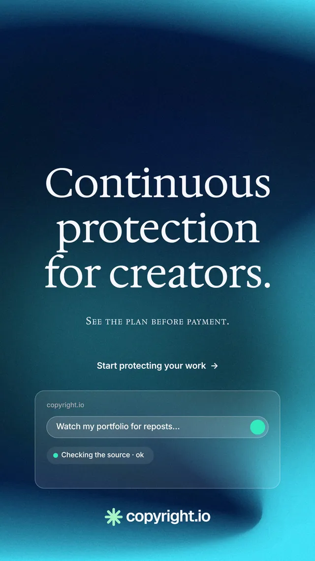 Instagram story for copyright.io: "Continuous protection for creators." Minimal luxury style, smallcaps layout, dark palette in blue, black, teal.