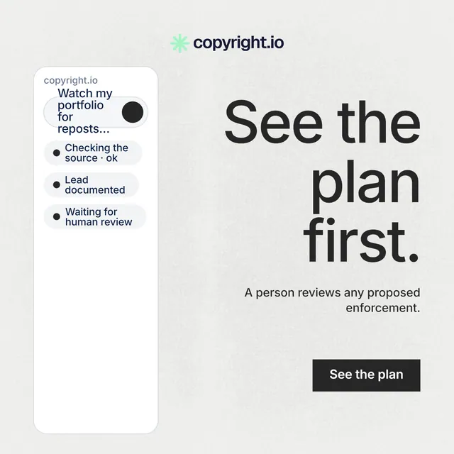 Instagram post for copyright.io: "See the plan first." Swiss style, right layout, light palette in white, grey.