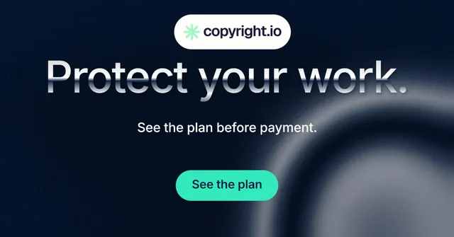 Social ad for copyright.io: "Protect your work." Y2K style, centred layout, dark palette in black, grey, blue.
