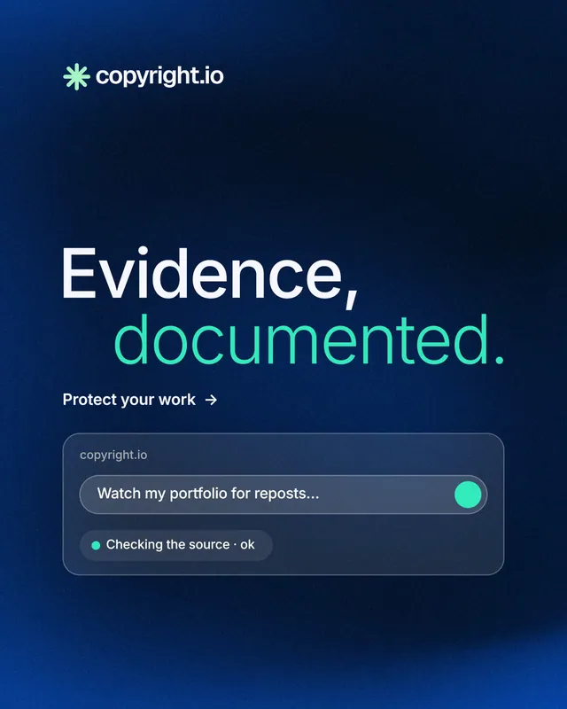 Instagram portrait post for copyright.io: "Evidence, documented." Minimal luxury style, stacked layout, dark palette in blue, black.