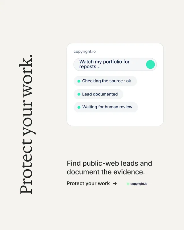 Instagram portrait post for copyright.io: "Protect your work." Minimal luxury style, vertical layout, light palette in white.