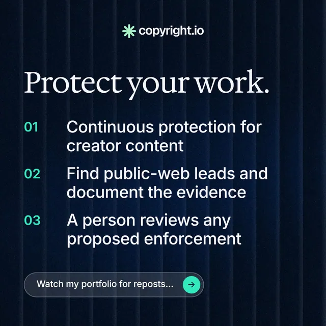 Instagram post for copyright.io: "Protect your work." Agentic glass style, numbered layout, dark palette in black, grey, blue.