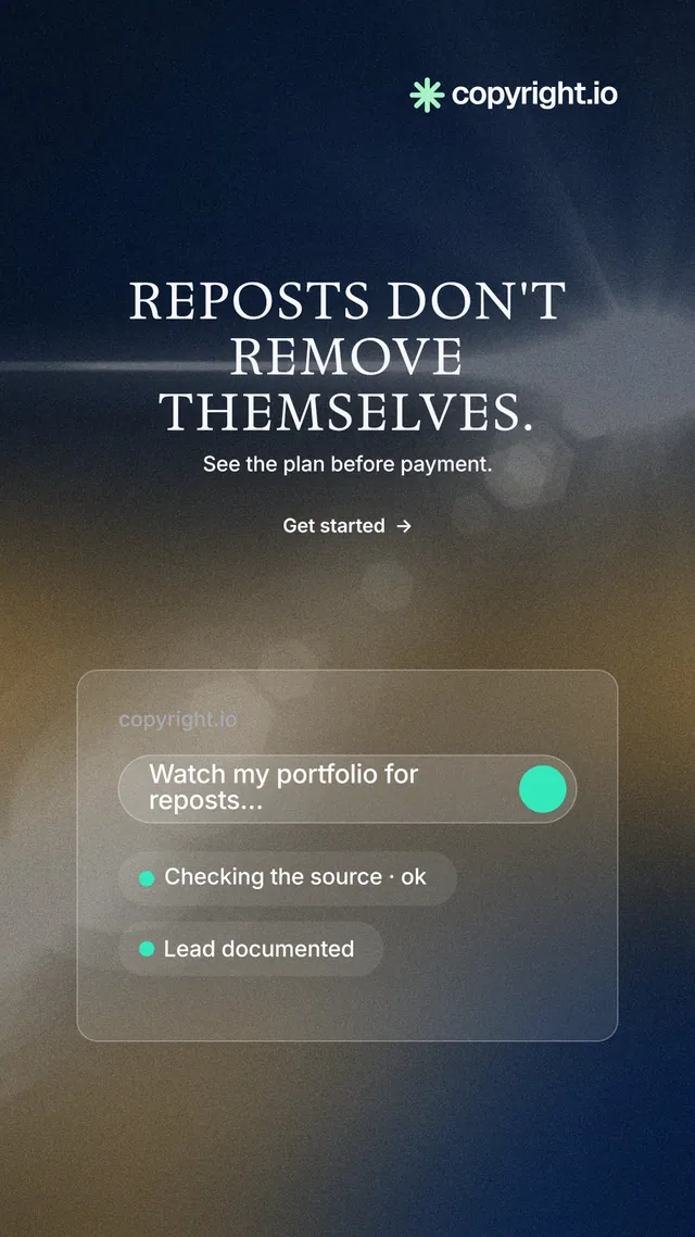 Instagram story for copyright.io: "Reposts don't remove themselves." Minimal luxury style, centred layout, dark palette in blue, grey, black.