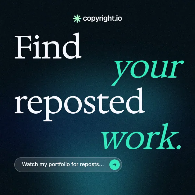 Instagram post for copyright.io: "Find your reposted work." Agentic glass style, stacked layout, dark palette in blue, black, teal.