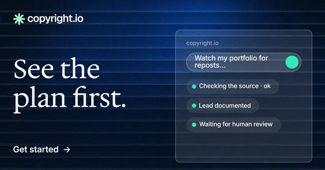 Social ad for copyright.io: "See the plan first." Minimal luxury style, bottom layout, dark palette in blue, black.