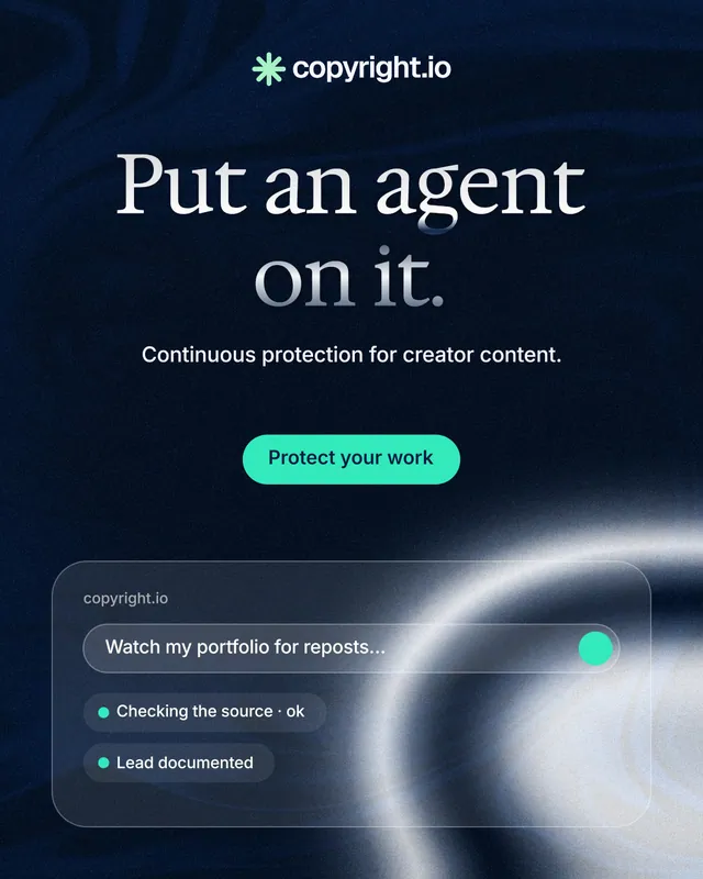 Instagram portrait post for copyright.io: "Put an agent on it." Y2K style, centred layout, dark palette in black, blue, grey.