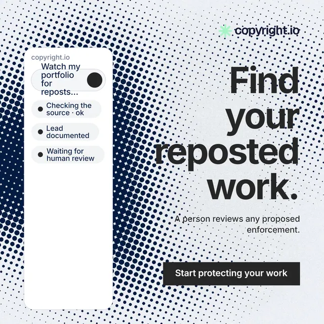 Instagram post for copyright.io: "Find your reposted work." Swiss style, right layout, light palette in blue, grey, white.