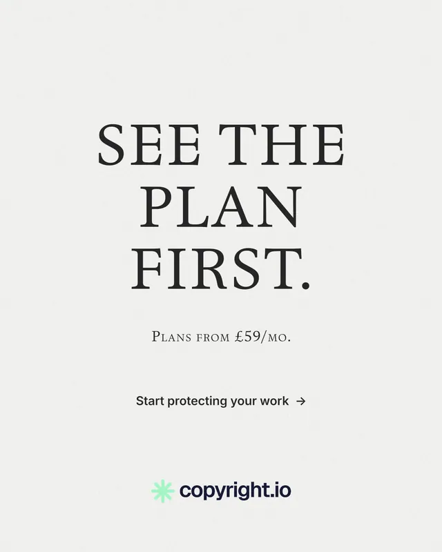 Instagram portrait post for copyright.io: "See the plan first." Minimal luxury style, smallcaps layout, light palette in white.