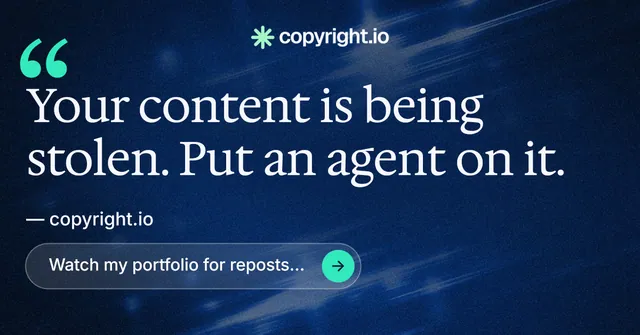 Social ad for copyright.io: "Protect your work." Agentic glass style, quote layout, dark palette in blue, black.