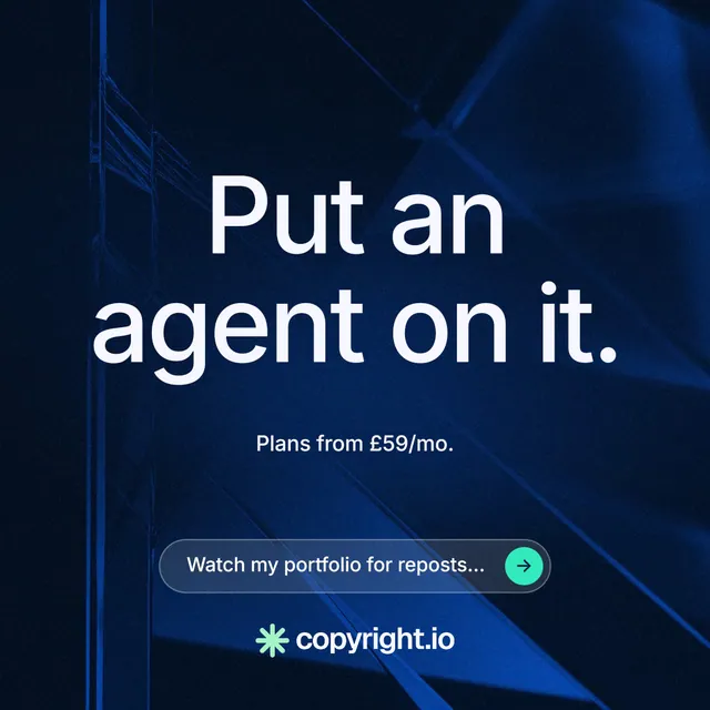 Instagram post for copyright.io: "Put an agent on it." Agentic glass style, centred layout, dark palette in black, blue.