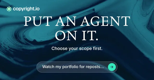 Social ad for copyright.io: "Put an agent on it." Agentic glass style, centred layout, dark palette in blue, black, teal.