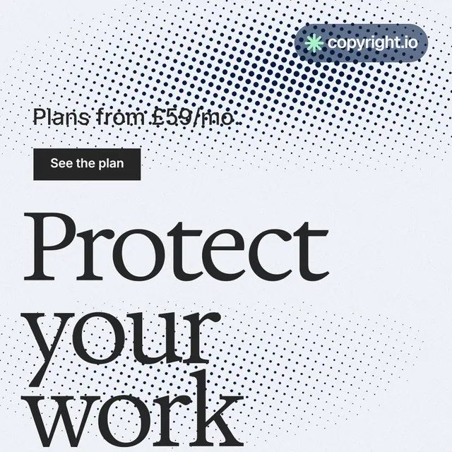 Instagram post for copyright.io: "Continuous protection for creators." Split block style, oversized layout, light palette in white, blue, grey.