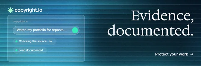 X header for copyright.io: "Evidence, documented." Minimal luxury style, right layout, dark palette in blue, black.