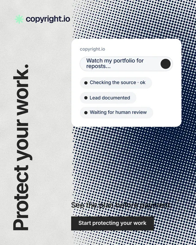 Instagram portrait post for copyright.io: "Protect your work." Swiss style, vertical layout, light palette in white, grey.