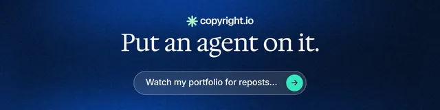 LinkedIn banner for copyright.io: "Put an agent on it." Agentic glass style, skeleton layout, dark palette in blue, black.