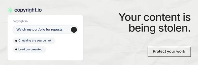 X header for copyright.io: "Your content is being stolen." Editorial style, right layout, light palette in white, grey.