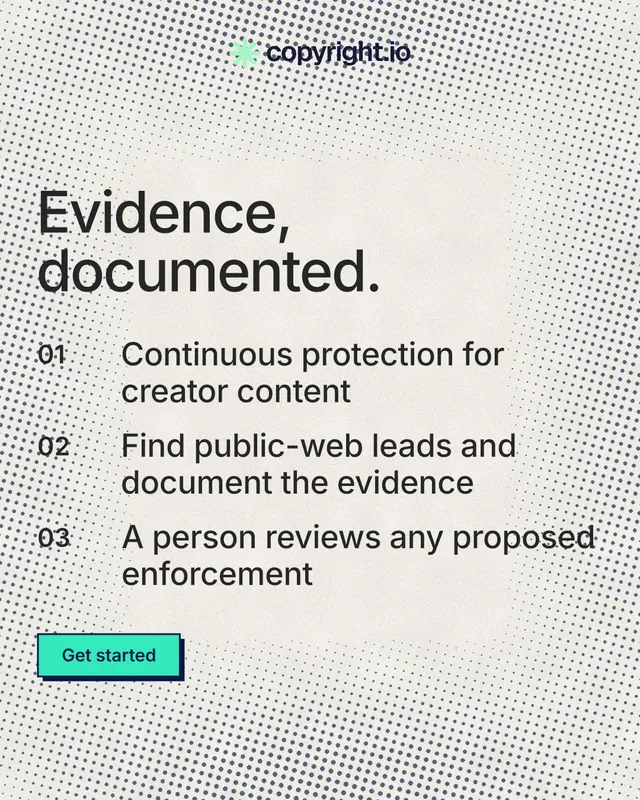 Instagram portrait post for copyright.io: "Evidence, documented." Brutalist style, numbered layout, light palette in white, orange, grey.