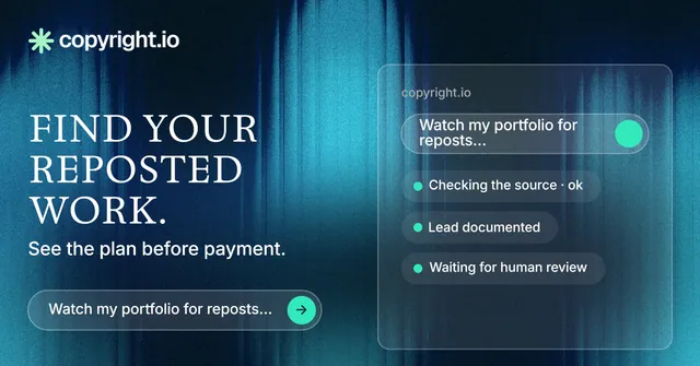 Social ad for copyright.io: "Find your reposted work." Agentic glass style, bottom layout, dark palette in blue, black, teal.