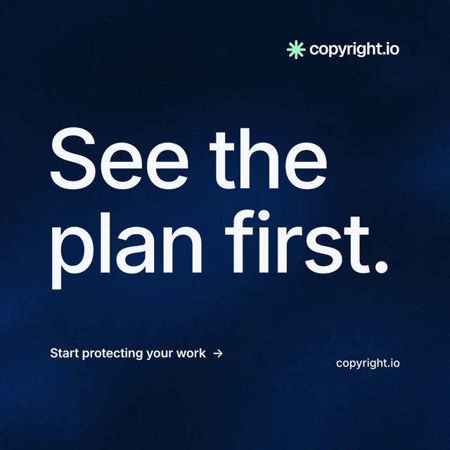 Instagram post for copyright.io: "See the plan first." Minimal luxury style, poster layout, dark palette in blue, black.