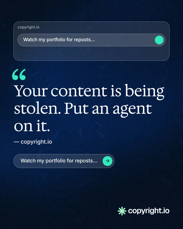 Instagram portrait post for copyright.io: "Reposts don't remove themselves." Agentic glass style, quote layout, dark palette in black, blue.