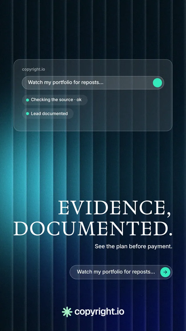 Instagram story for copyright.io: "Evidence, documented." Agentic glass style, right layout, dark palette in blue, teal, black.