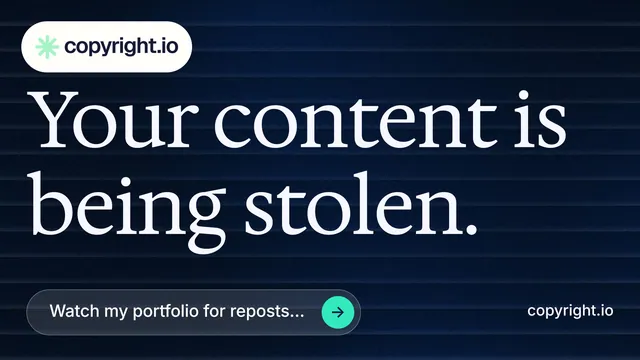 Landscape graphic for copyright.io: "Your content is being stolen." Agentic glass style, poster layout, dark palette in black, blue, grey.