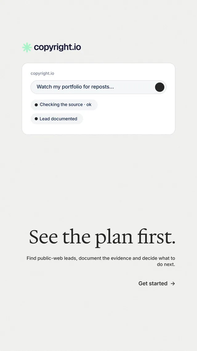 Instagram story for copyright.io: "See the plan first." Minimal luxury style, right layout, light palette in white.