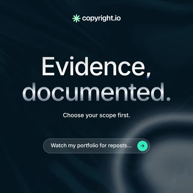 Instagram post for copyright.io: "Evidence, documented." Agentic glass style, centred layout, dark palette in black, grey.