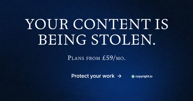 Social ad for copyright.io: "Your content is being stolen." Agentic glass style, smallcaps layout, dark palette in blue, black.