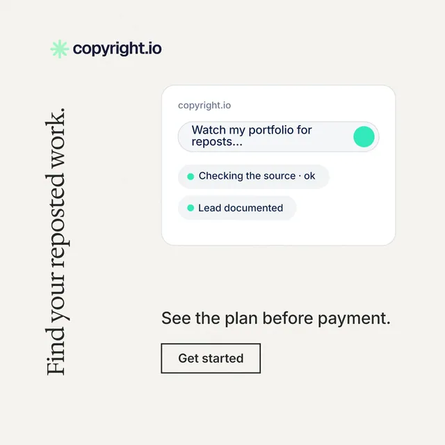 Instagram post for copyright.io: "Find your reposted work." Editorial style, vertical layout, light palette in white.