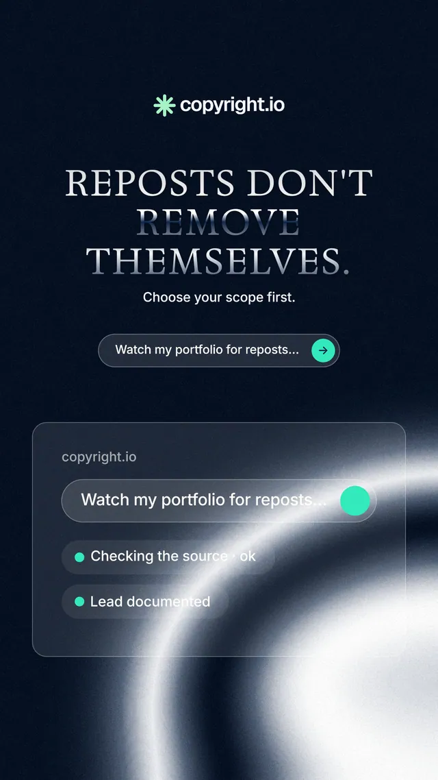 Instagram story for copyright.io: "Reposts don't remove themselves." Agentic glass style, centred layout, dark palette in black, blue, grey.
