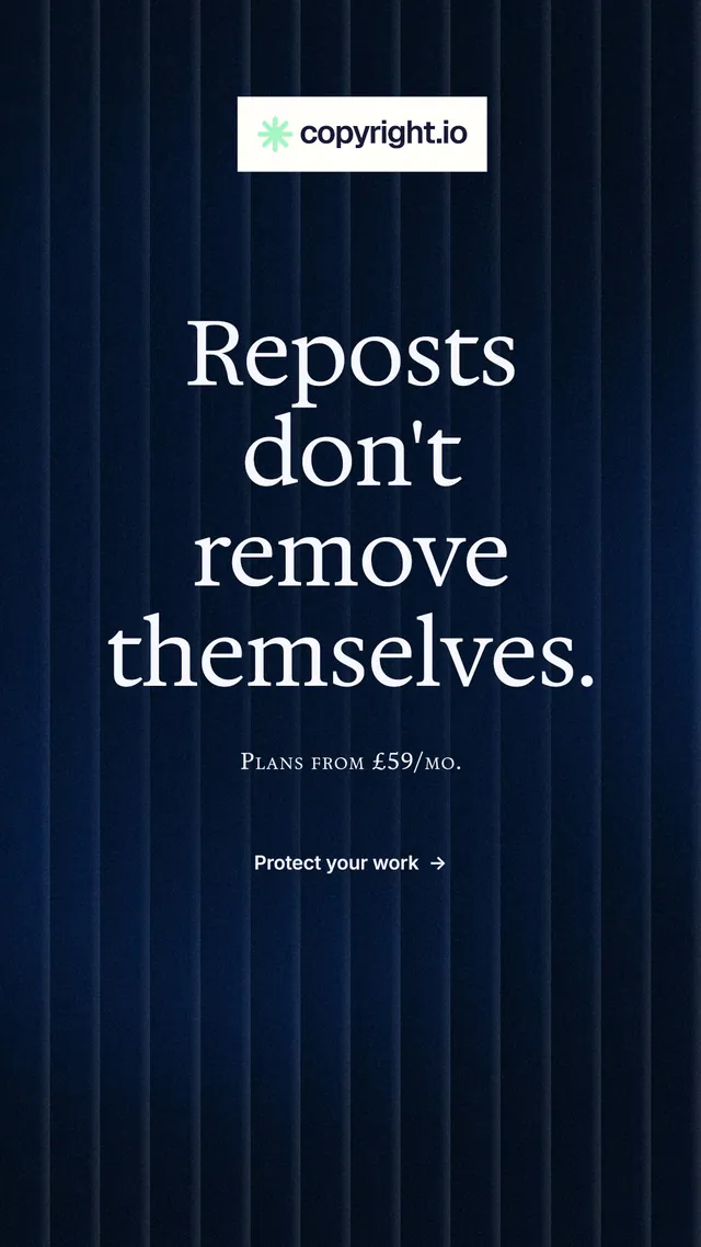 Instagram story for copyright.io: "Reposts don't remove themselves." Minimal luxury style, smallcaps layout, dark palette in black, blue, grey.