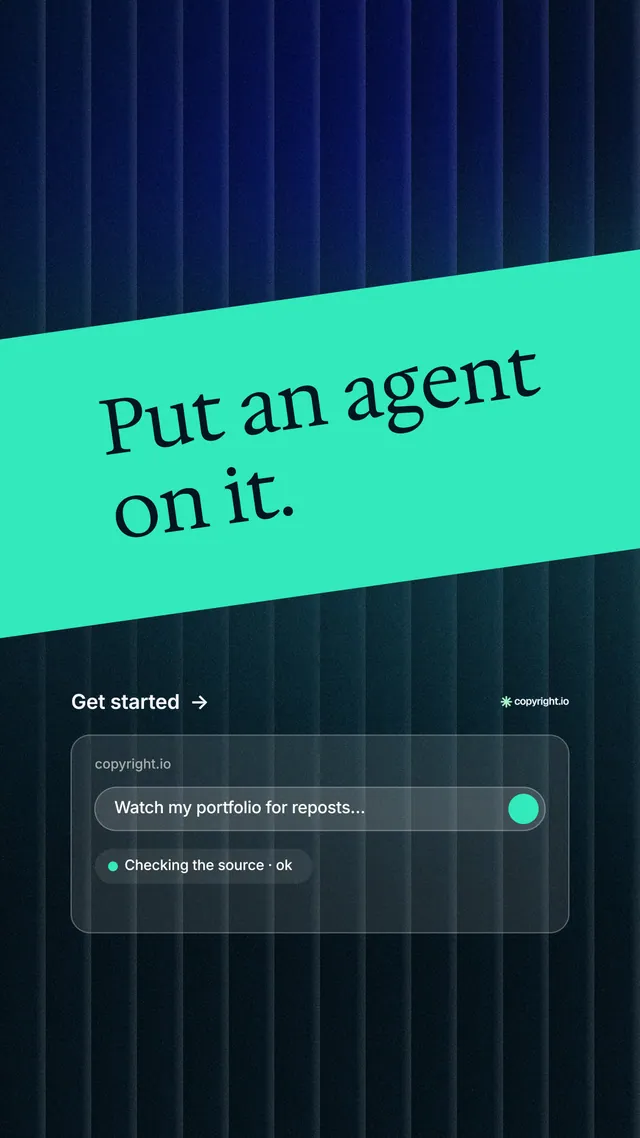 Instagram story for copyright.io: "Put an agent on it." Minimal luxury style, diagonal layout, dark palette in teal, black, blue.