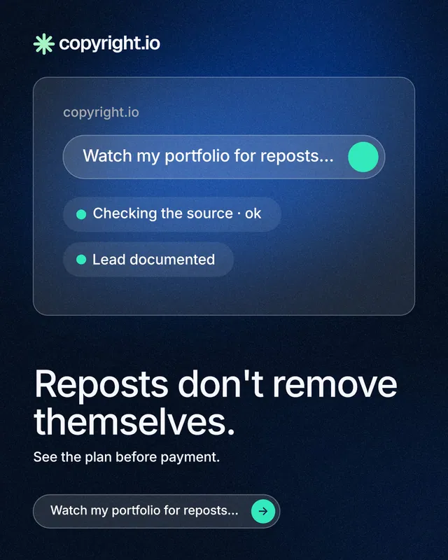 Instagram portrait post for copyright.io: "Reposts don't remove themselves." Agentic glass style, bottom layout, dark palette in blue, black.