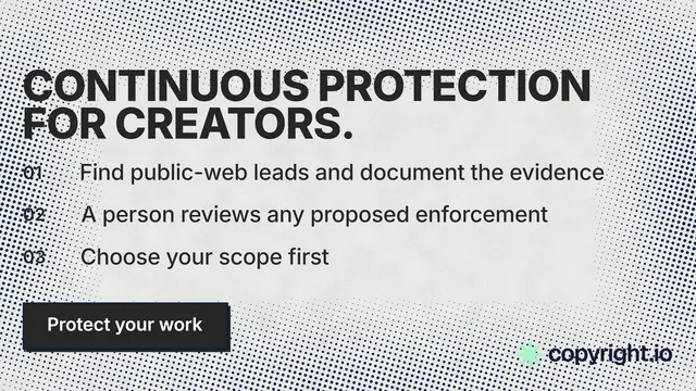 Landscape graphic for copyright.io: "Continuous protection for creators." Brutalist style, numbered layout, light palette in grey, white.