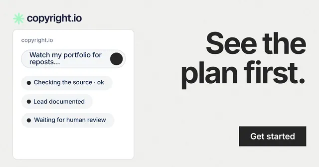 Social ad for copyright.io: "See the plan first." Swiss style, right layout, light palette in white, grey.
