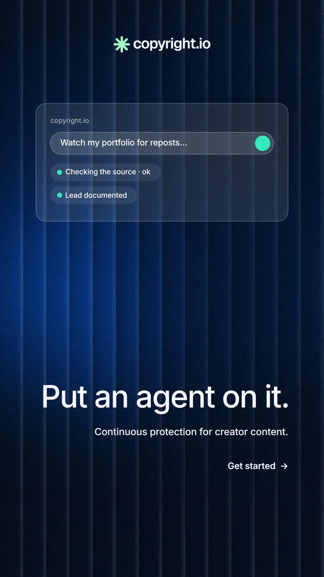 Instagram story for copyright.io: "Put an agent on it." Minimal luxury style, right layout, dark palette in blue, black.