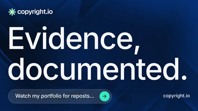 Landscape graphic for copyright.io: "Evidence, documented." Agentic glass style, poster layout, dark palette in blue, black, grey.