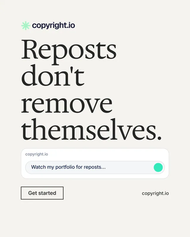 Instagram portrait post for copyright.io: "Reposts don't remove themselves." Editorial style, poster layout, light palette in white, grey.