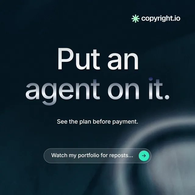 Instagram post for copyright.io: "Put an agent on it." Agentic glass style, centred layout, dark palette in black, grey.
