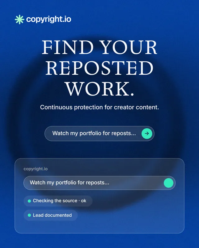 Instagram portrait post for copyright.io: "Find your reposted work." Agentic glass style, centred layout, dark palette in blue.