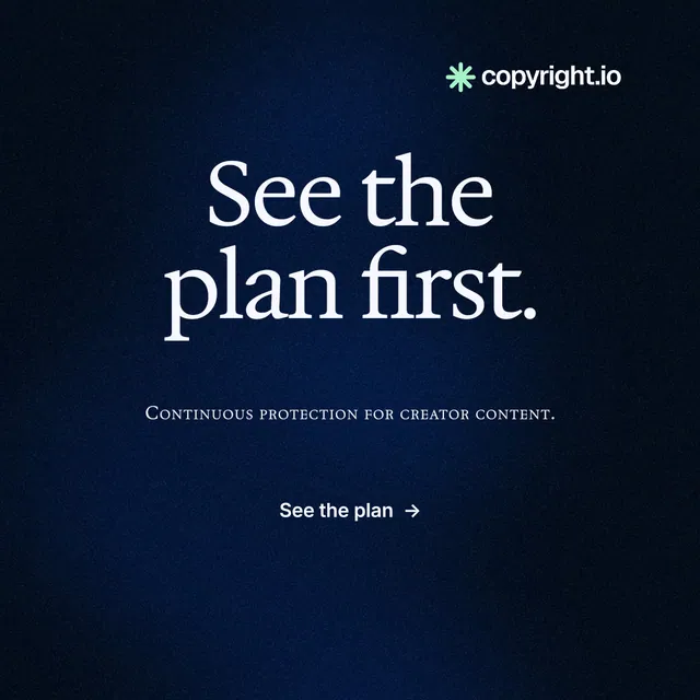 Instagram post for copyright.io: "See the plan first." Minimal luxury style, smallcaps layout, dark palette in black, blue.